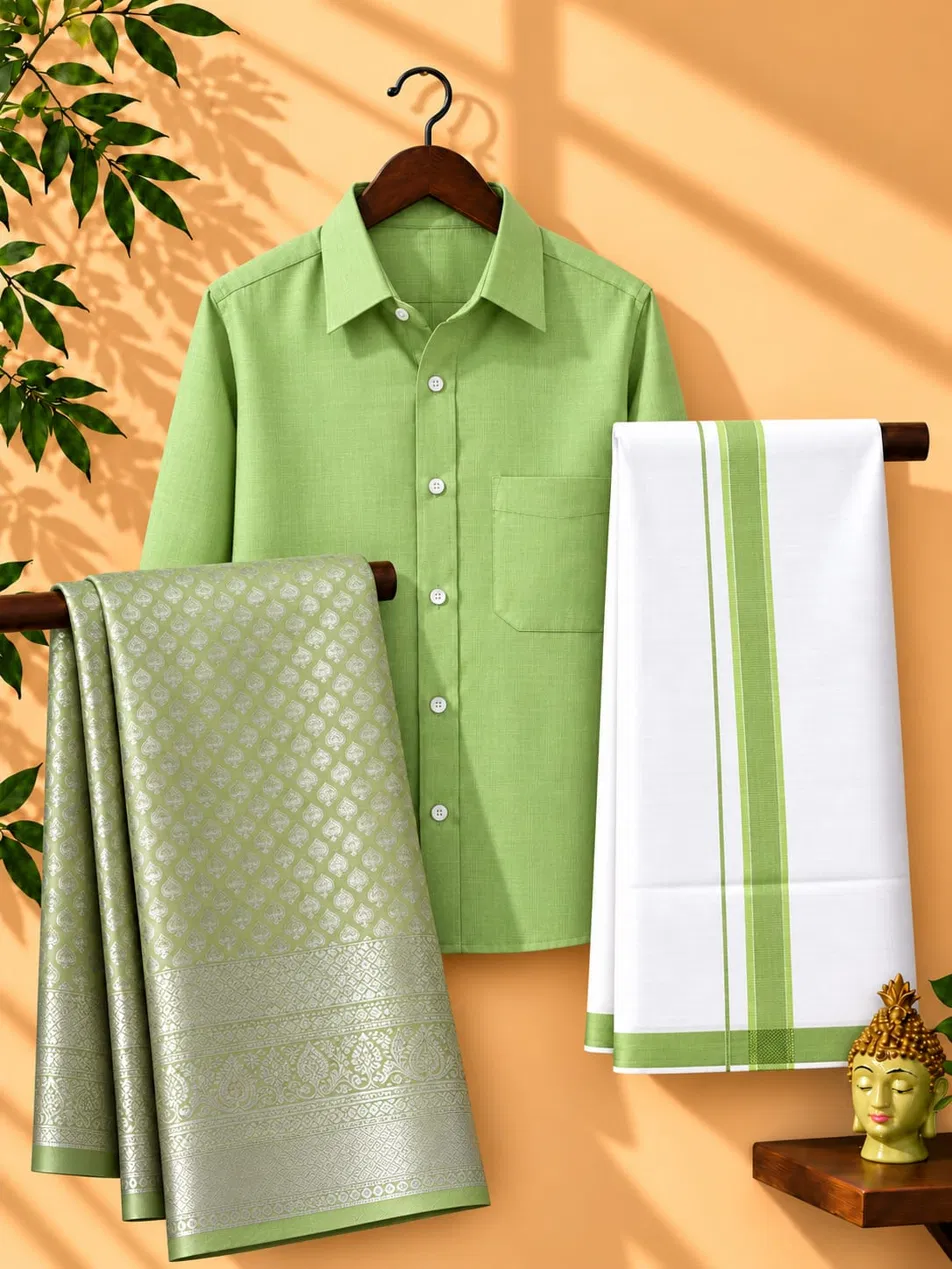 Pista Green Silver Zari Couple Combo Set